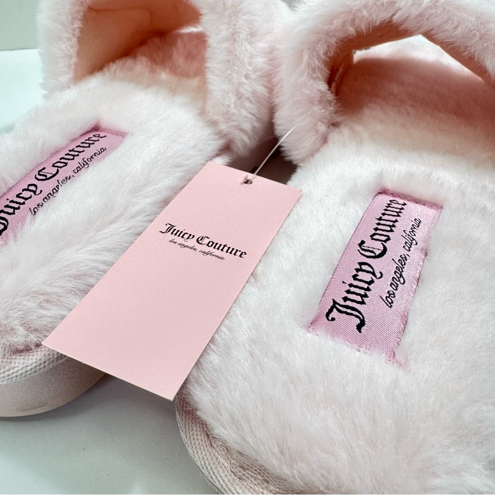 Juicy Couture YK2 JC-Hearty Pink Studded Heart-Faux Fur Slippers - Picture 7 of 8
